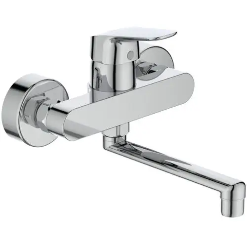 Wandarmatur aus Chrom von Ideal Standard mit einem langen, geraden Auslauf. Entworfen für die Wandmontage, geeignet für Badezimmer und Küchen.